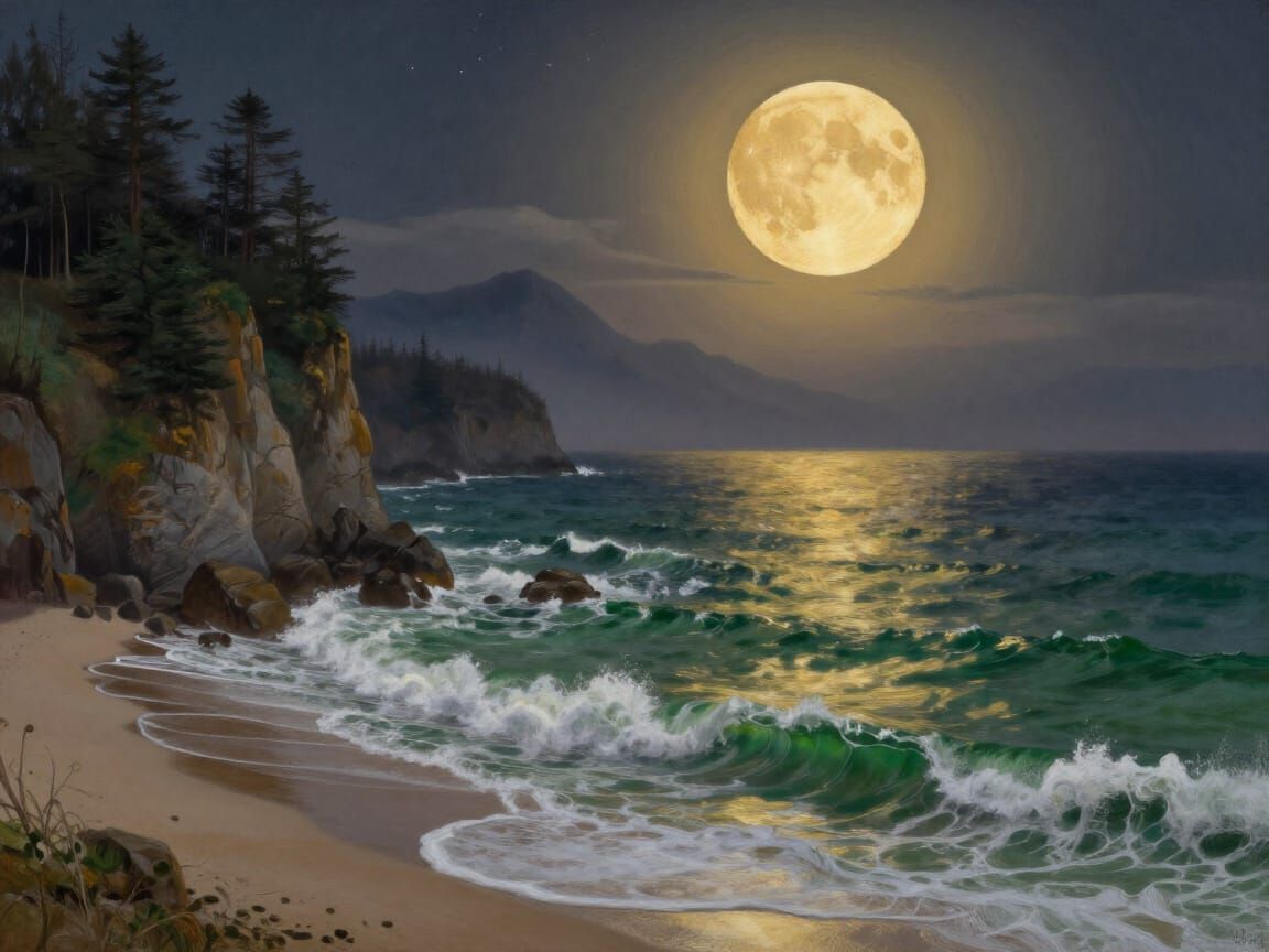 Amber Moon Over Coastal Landscape Painting