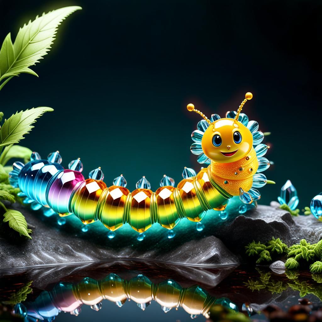 Bright Crystal Caterpillar Beside Watersplash