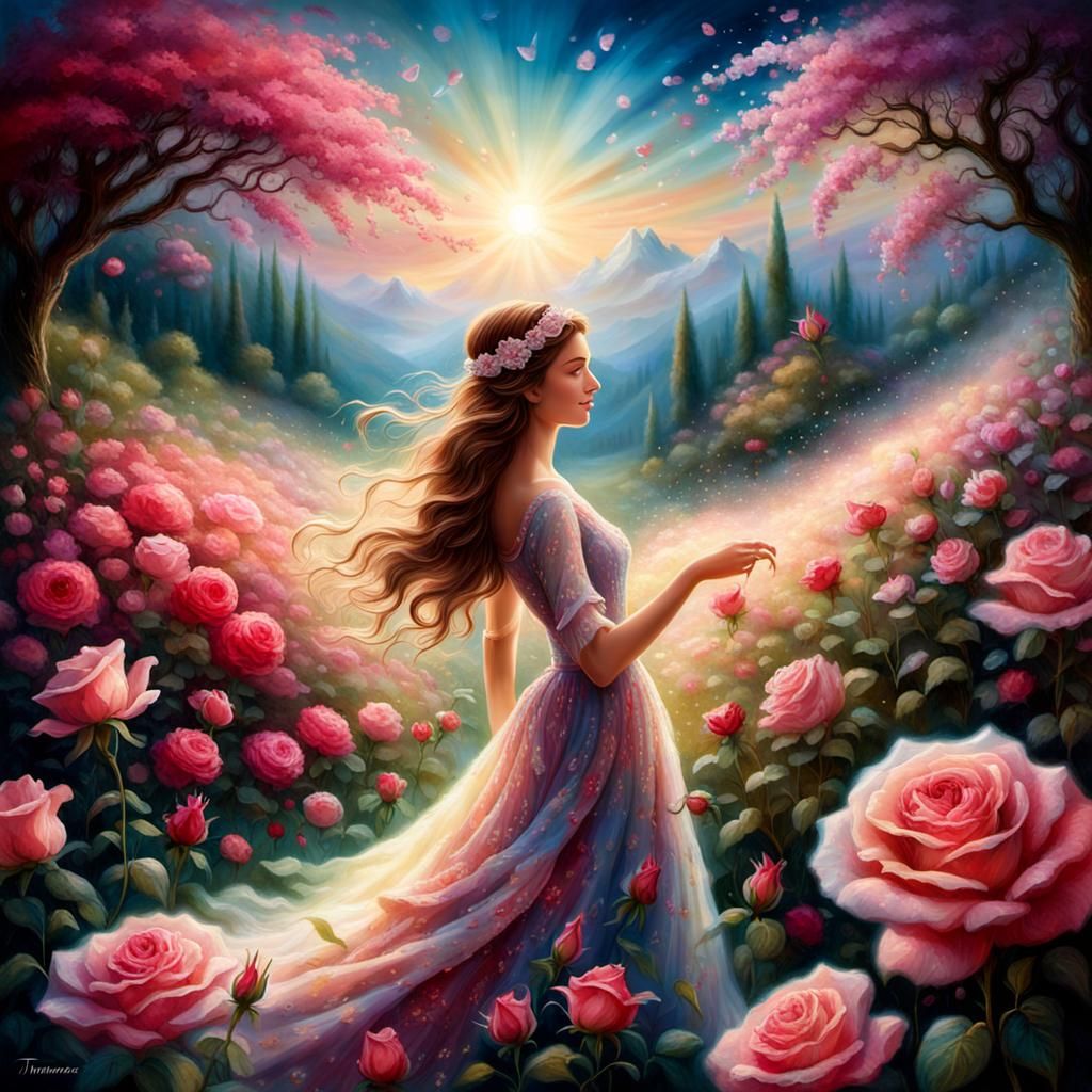 Woman in Rose Field with Radiant Lighting