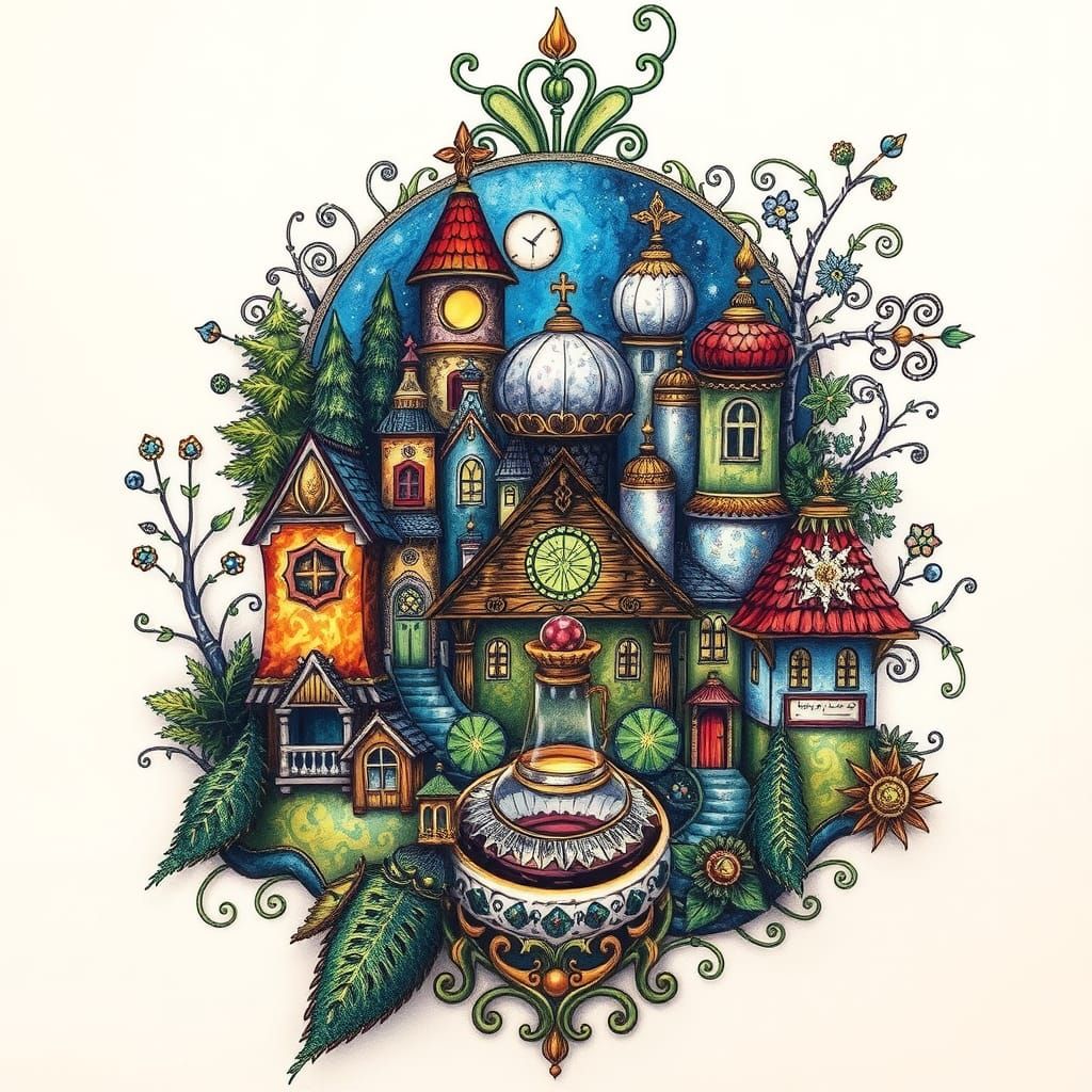Psychedelic Renaissance Village in Alcohol Ink Style