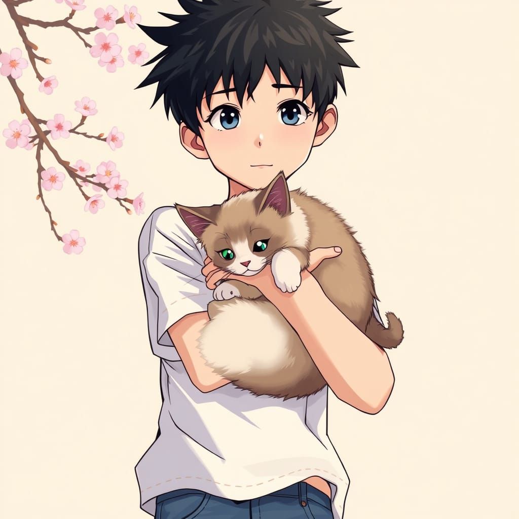 Anime-Inspired Boy Cradles Adorable Cat in Cherry Blossom Ba...