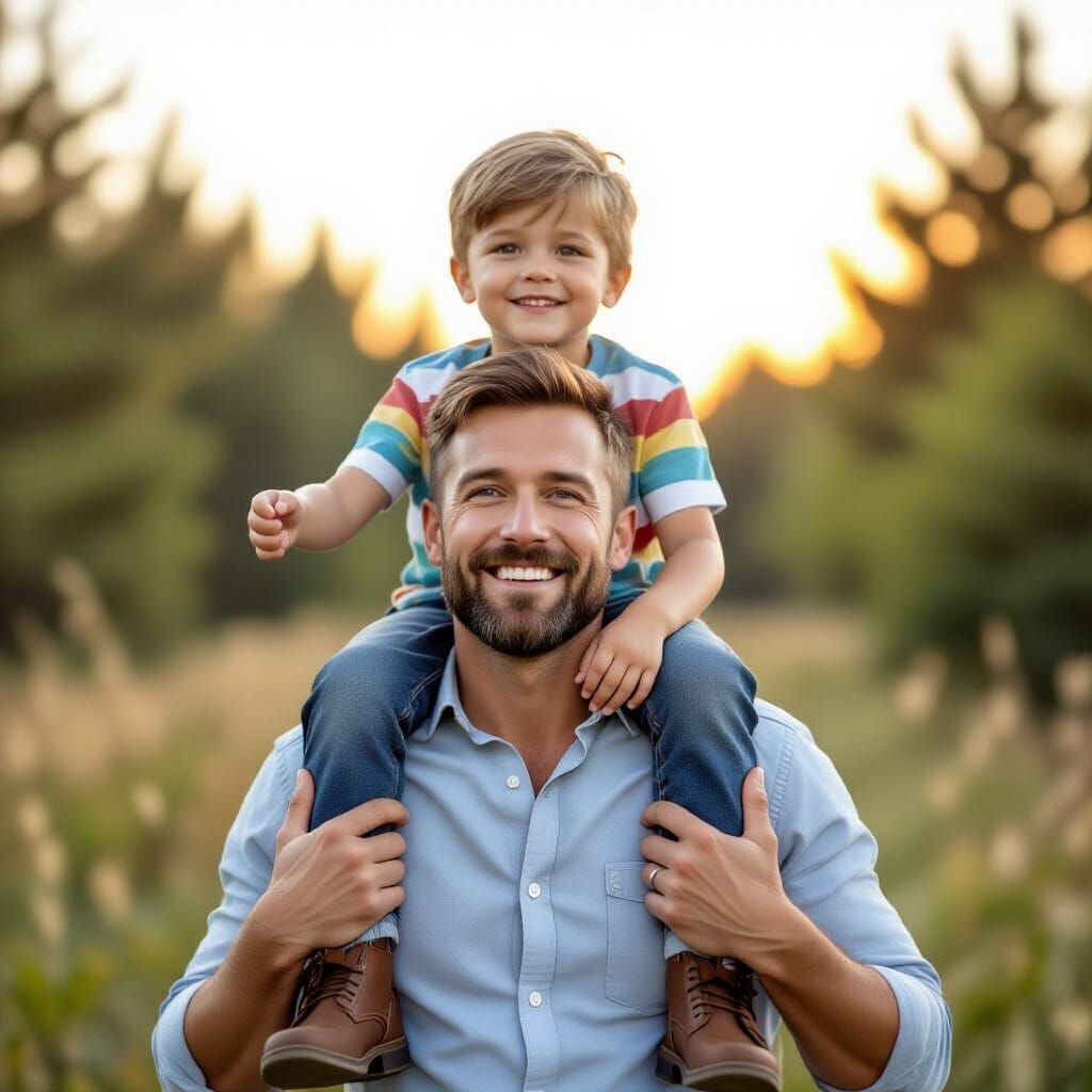 Father and Son Bond in Realistic Pastoral Photo