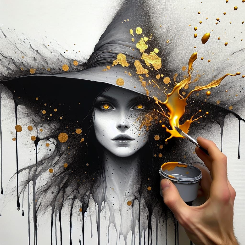 Ethereal Witch Emerges from Vibrant Golden Paint