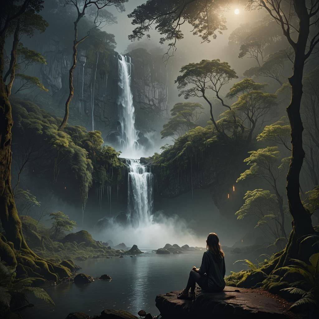 Night Forest Waterfall Scene with Girl: Digital Matte Painti...