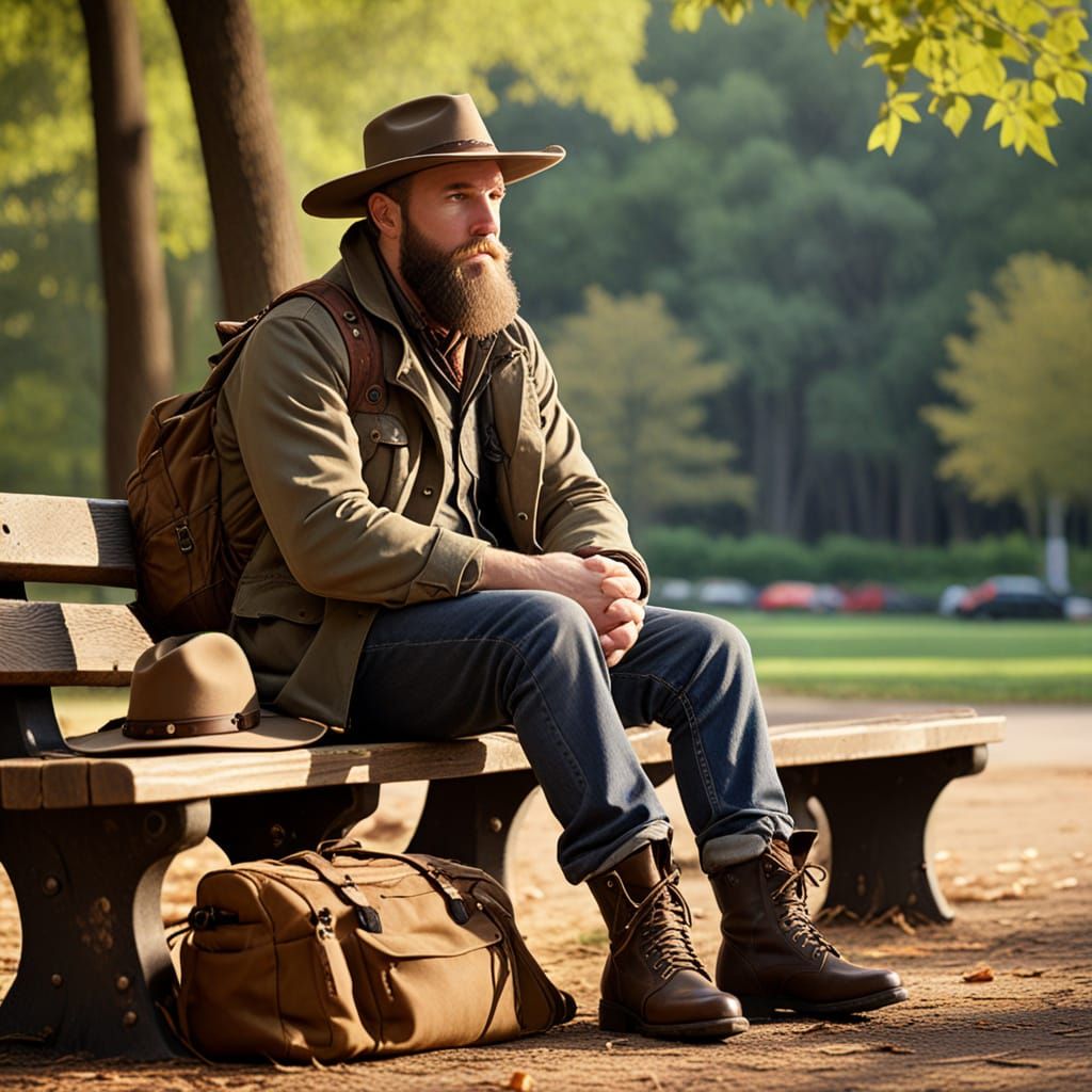 Bearded Outdoorsman Relaxing in Late Afternoon
