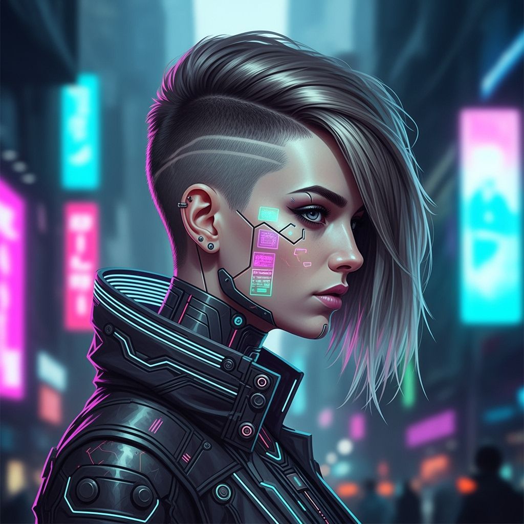 Cyberpunk Woman with Pixie Cut in Neon Cityscape