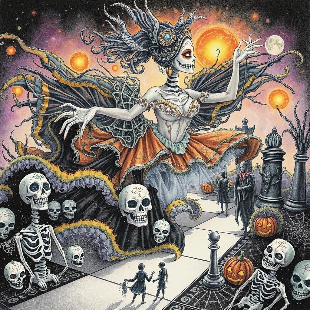 Mystical Sugar Skull Woman Dancing on Chessboard