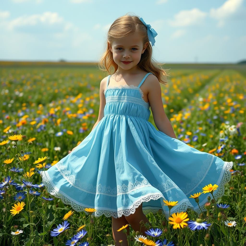 Girl in Blue Dress in Cornflower Field