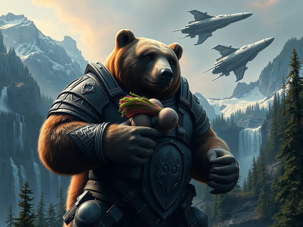 Armored Bear with Beets in Fantasy Landscape
