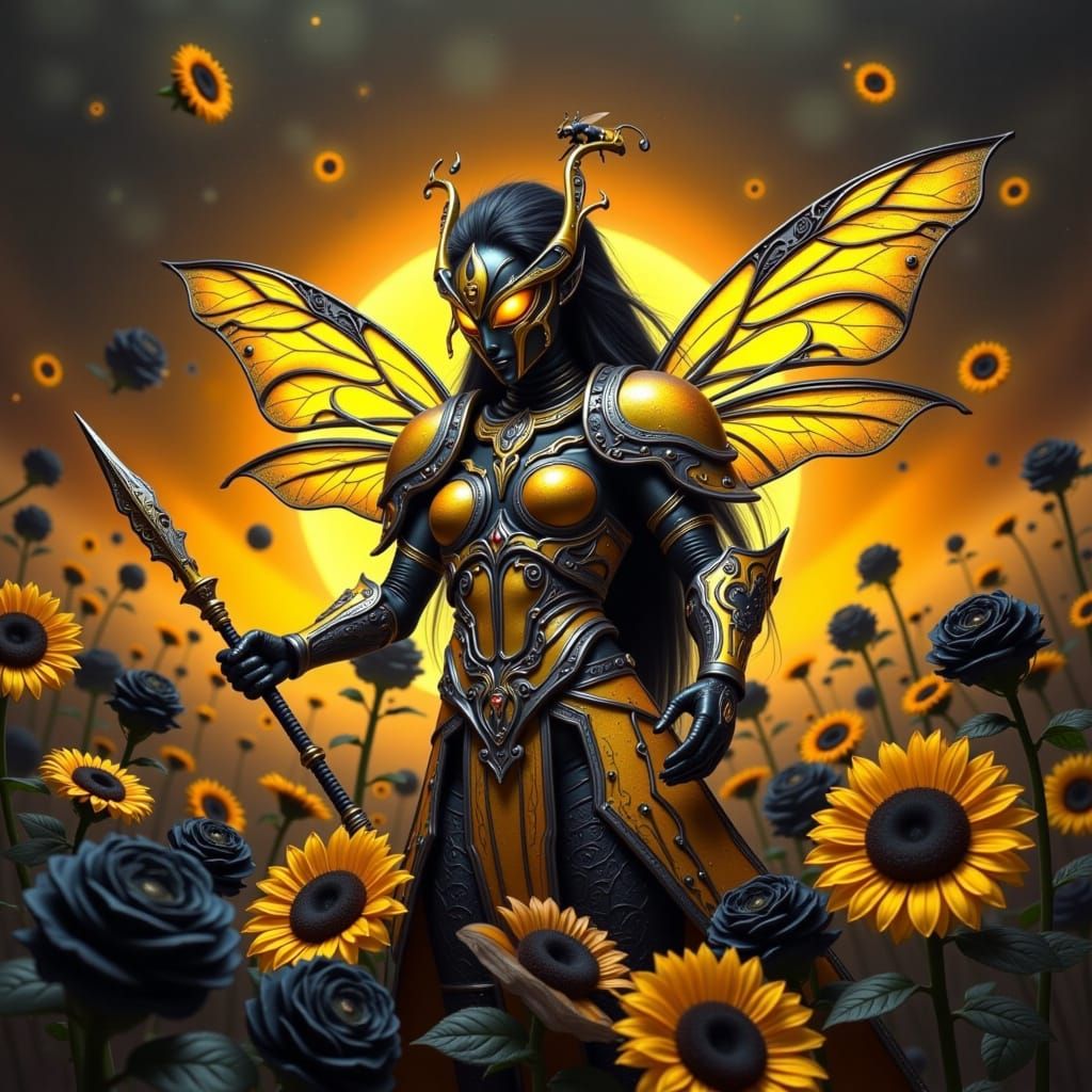Bumblebee Battle Queen in Dark Fantasy Landscape