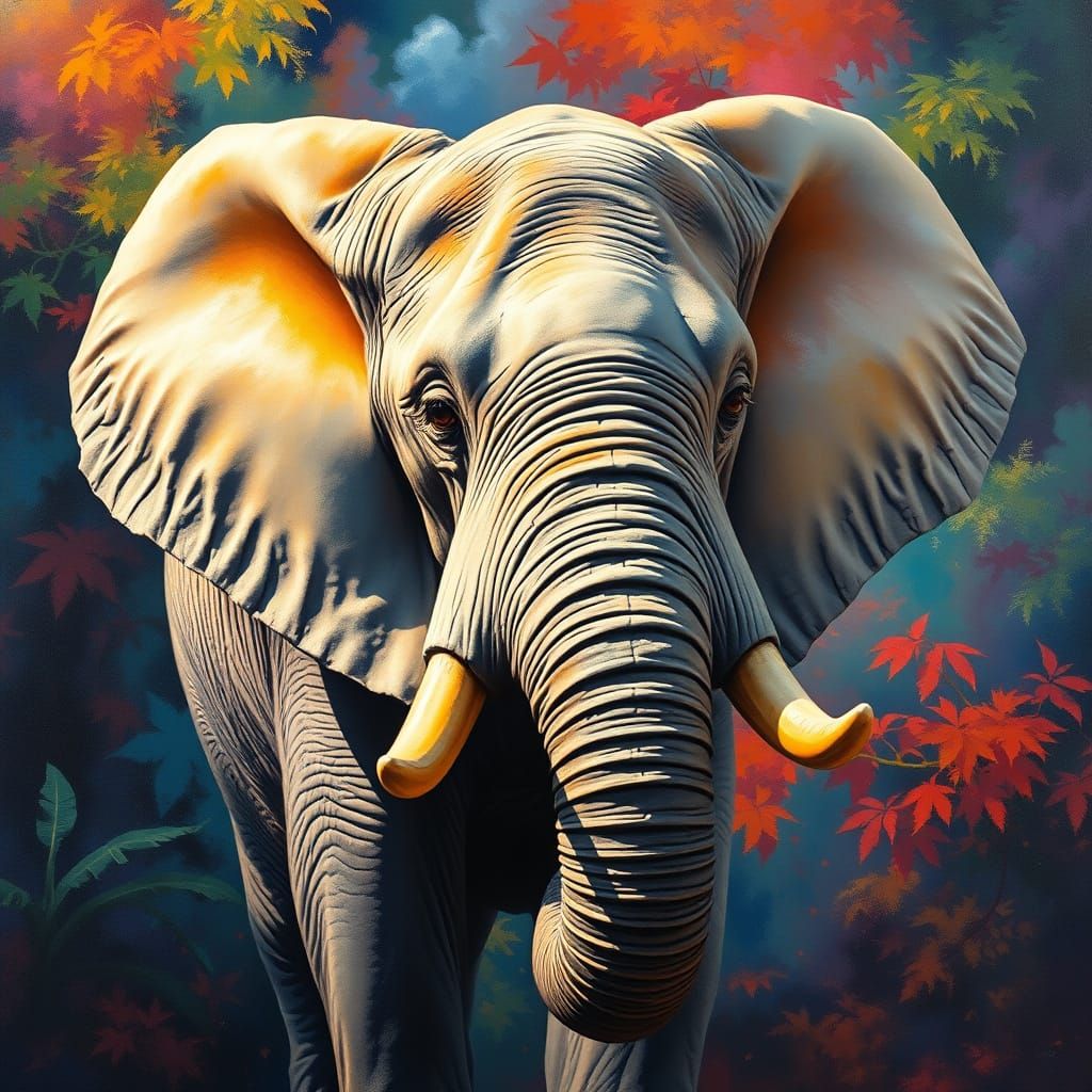 Wild Elephant Portrait in Vibrant Gouache Style