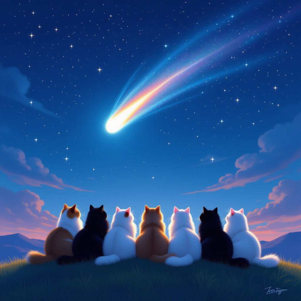 Fluffy Cats Watch Luminous Comet in Starry Night