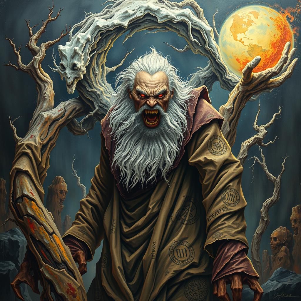 Wrathful God in Dystopian Landscape as Surreal Oil Painting