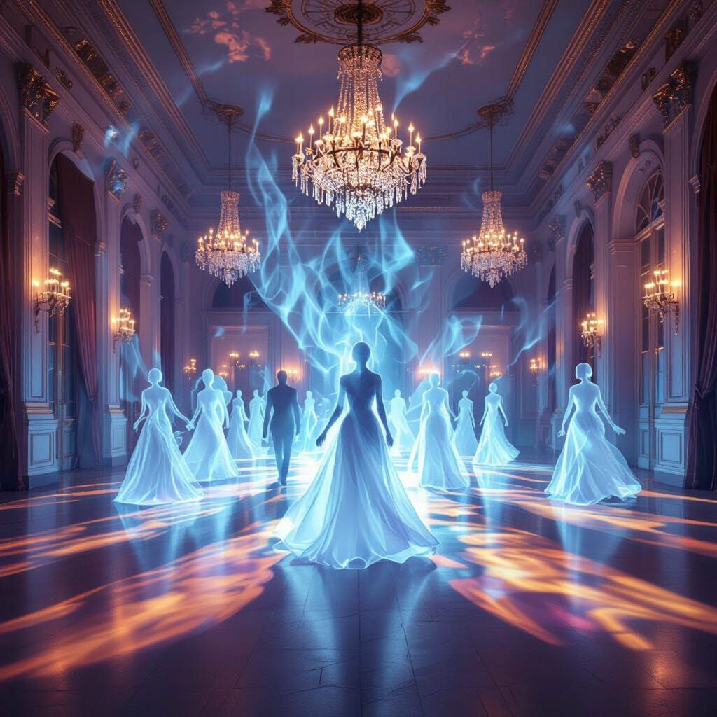 Ghostly Ballroom with Ethereal Figures and Chandeliers