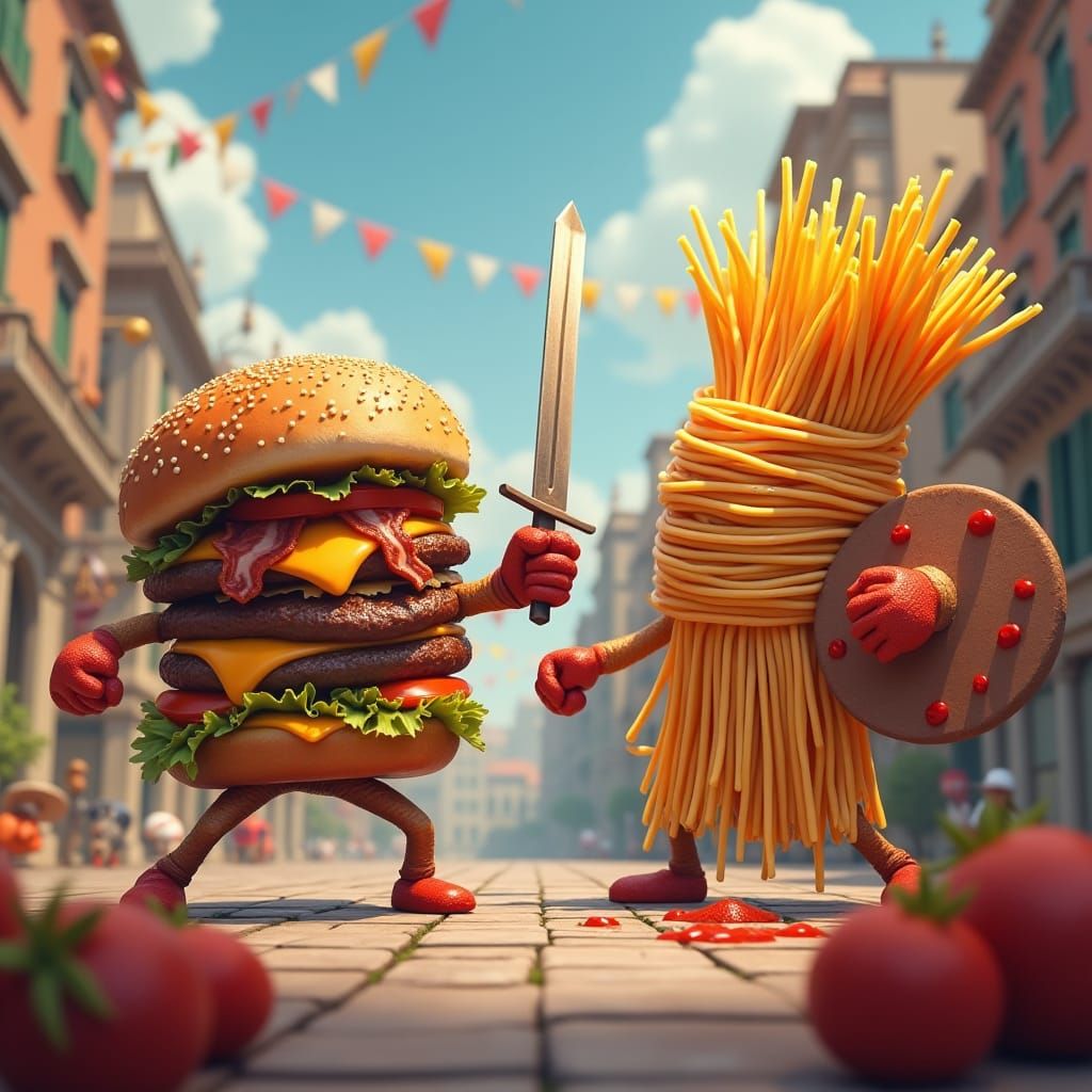 Cheeseburger Warrior Battles Spaghetti in Dreamlike Cityscap...