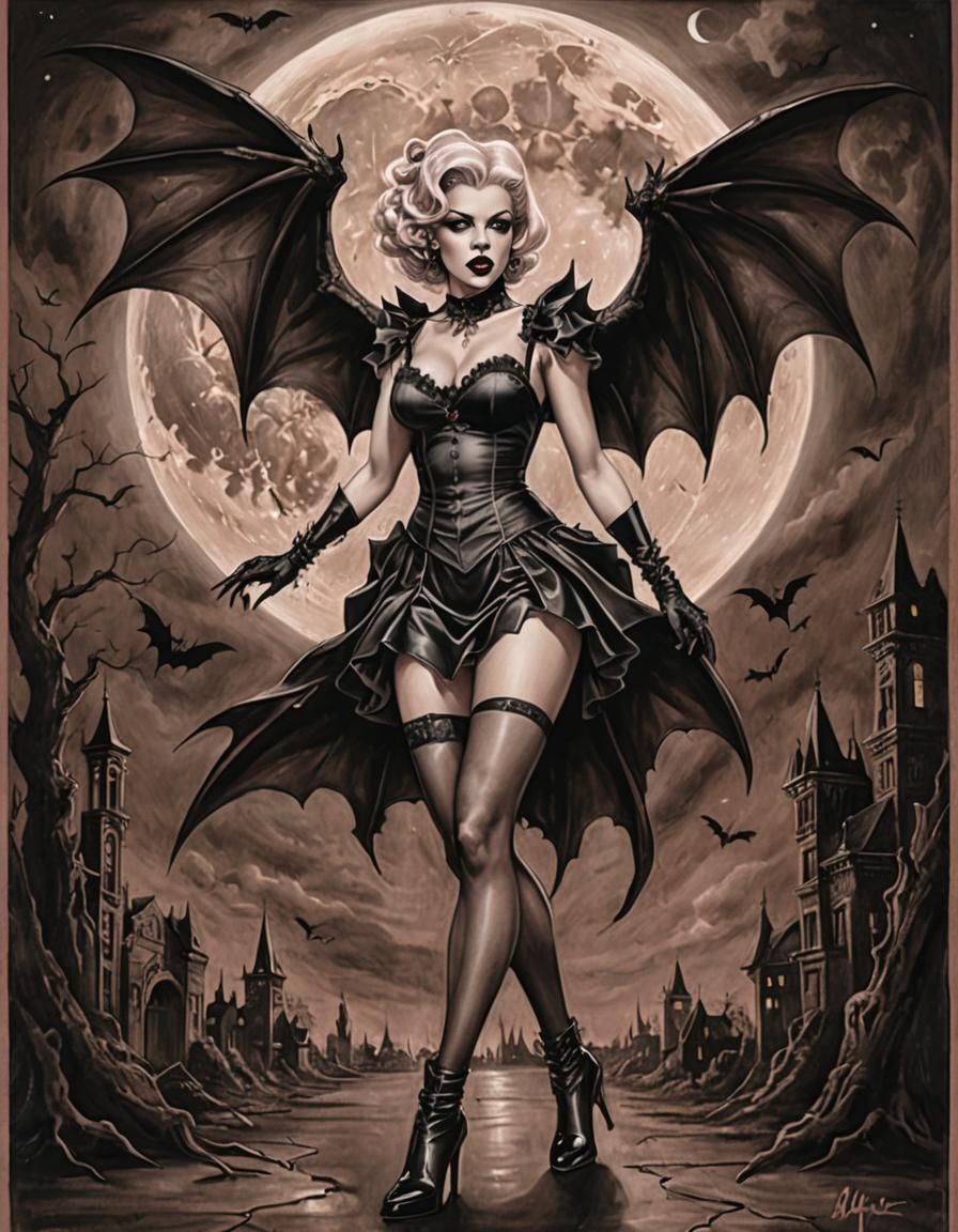 Vampire Pin-Up with Demonic Wings in Charcoal Style