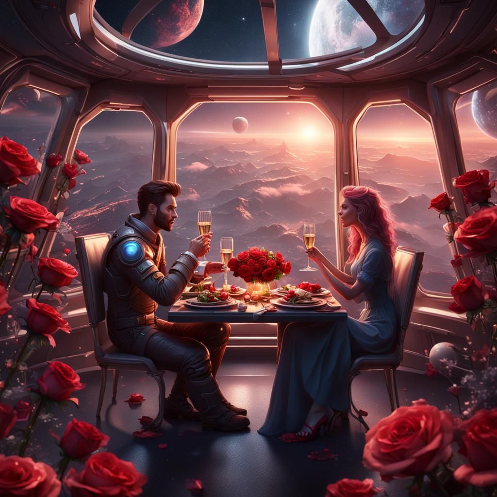 Romantic dinner, space station, two lovers with chocolate, r...