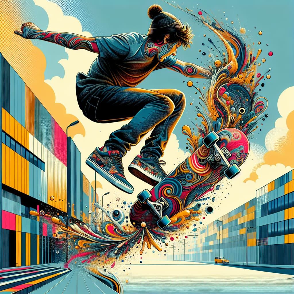 Skateboarder Mid-Kickflip in 90s Pop Art Style