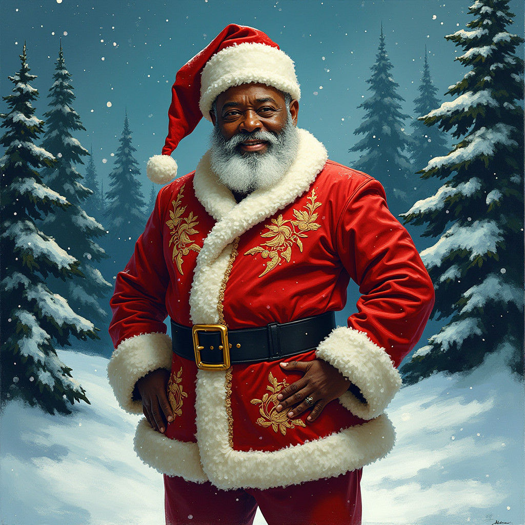 Black Santa Claus in Embroidered Velvet Suit
