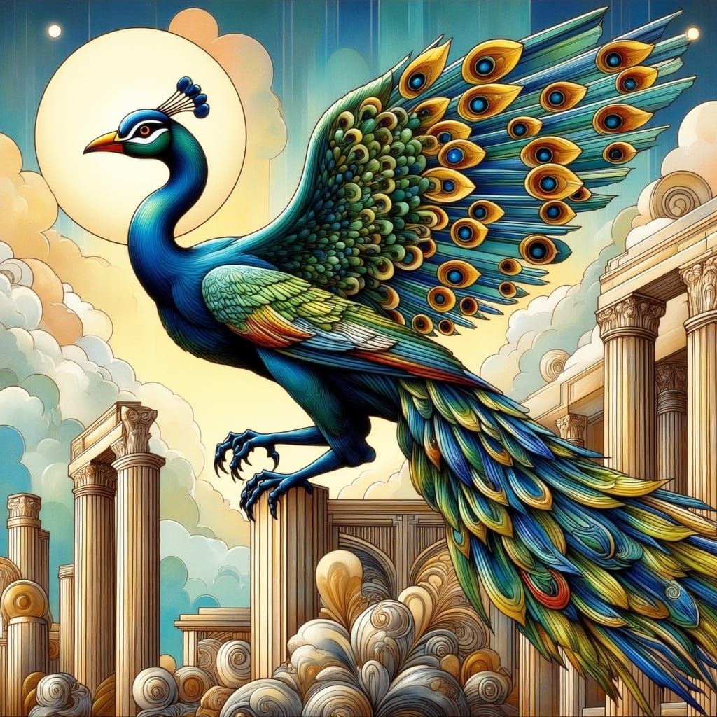 Gryphon with Peacock Feathers in Art Deco Style