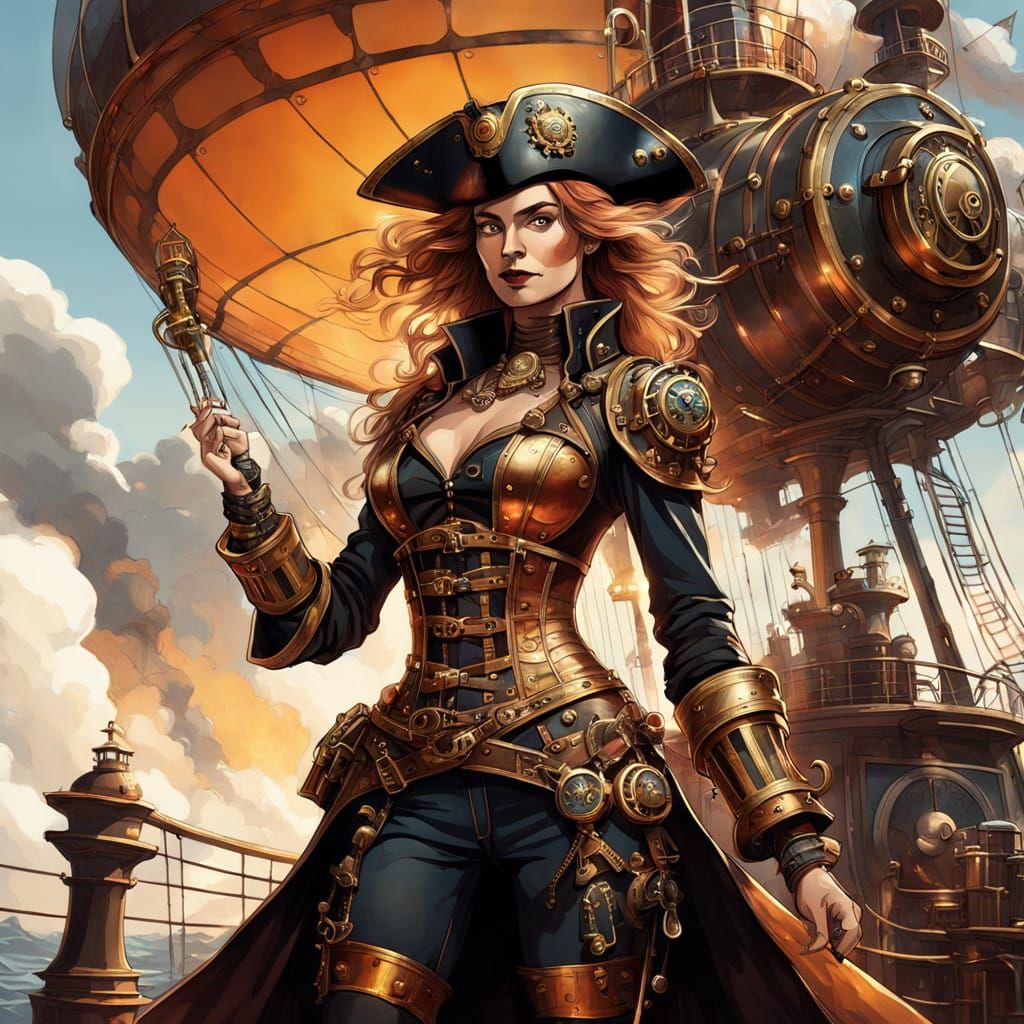 Steam-Powered Pirate Queen in Dynamic Illustration Style