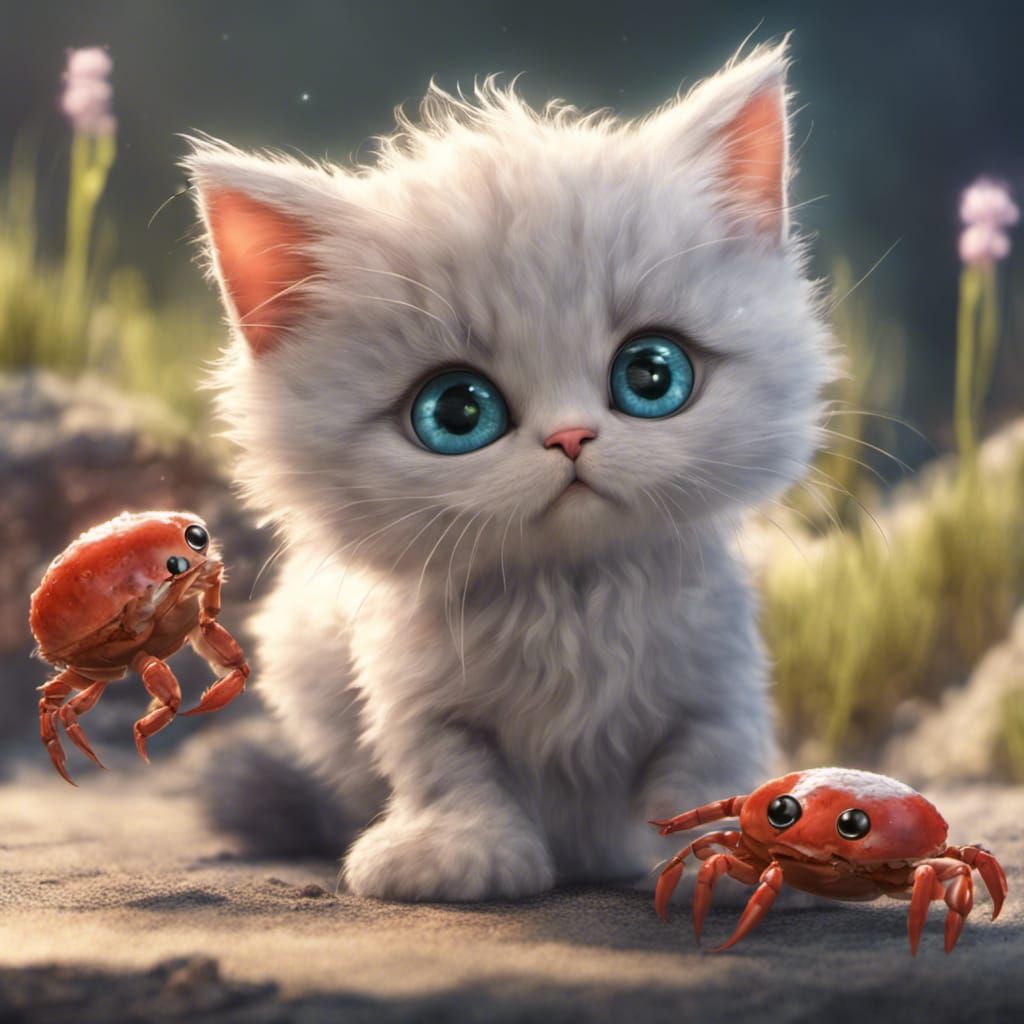 Charming Kitten and Crab Best Friends, Detailed Digital Art