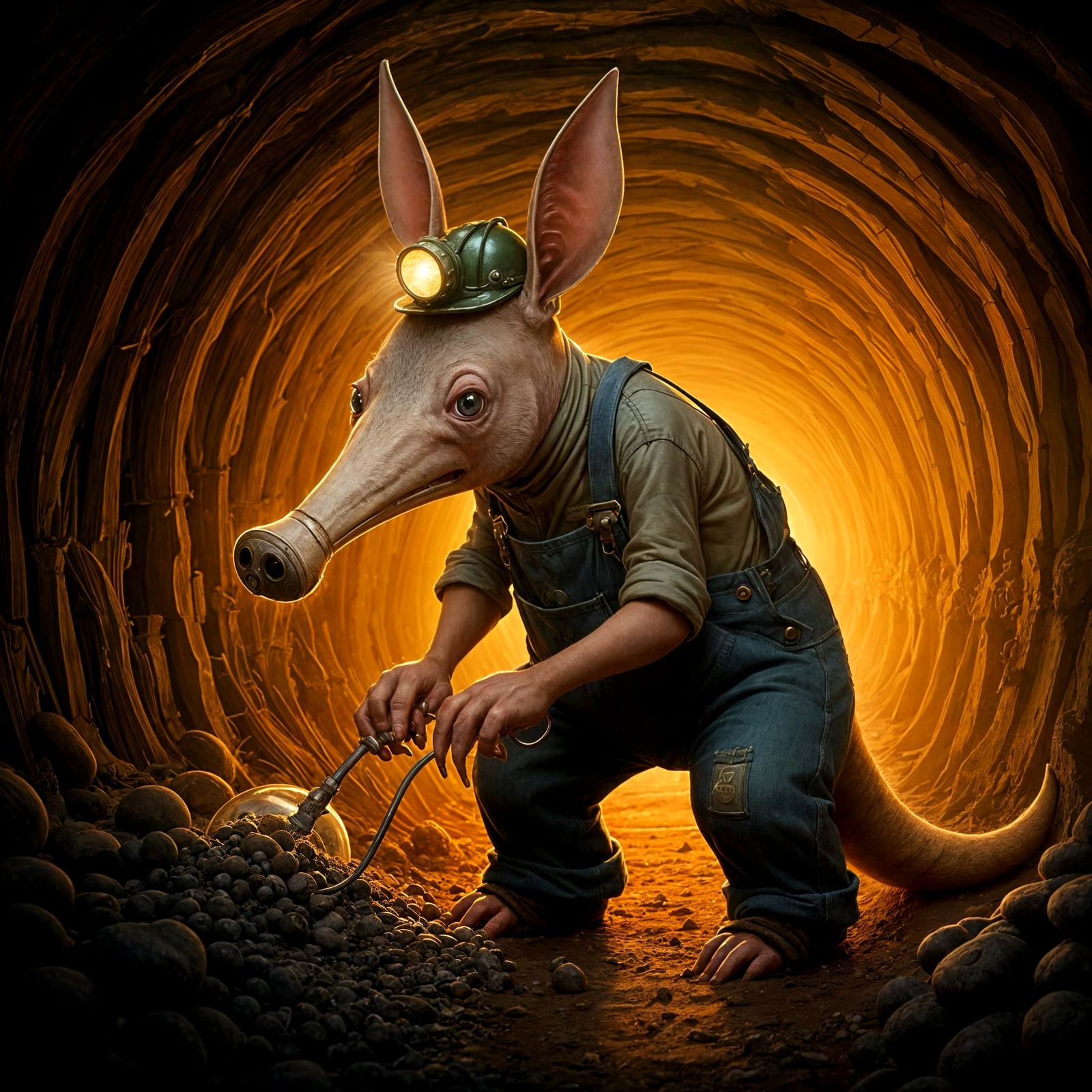Quirky Cartoon Aardvark Digs for Termites in Underground Lai...