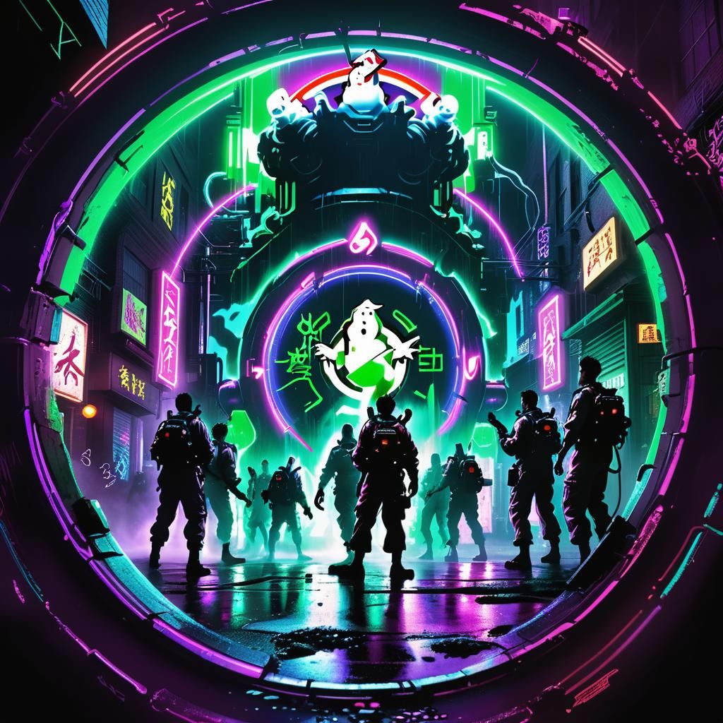 Cyberpunk Ghostbusters Battle in Haunted City Street