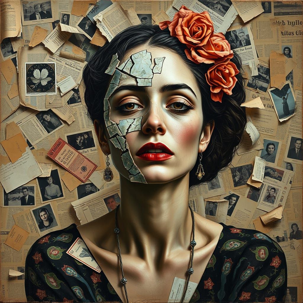 Woman with Shattered Mosaic Face in Whirlwind of Memories