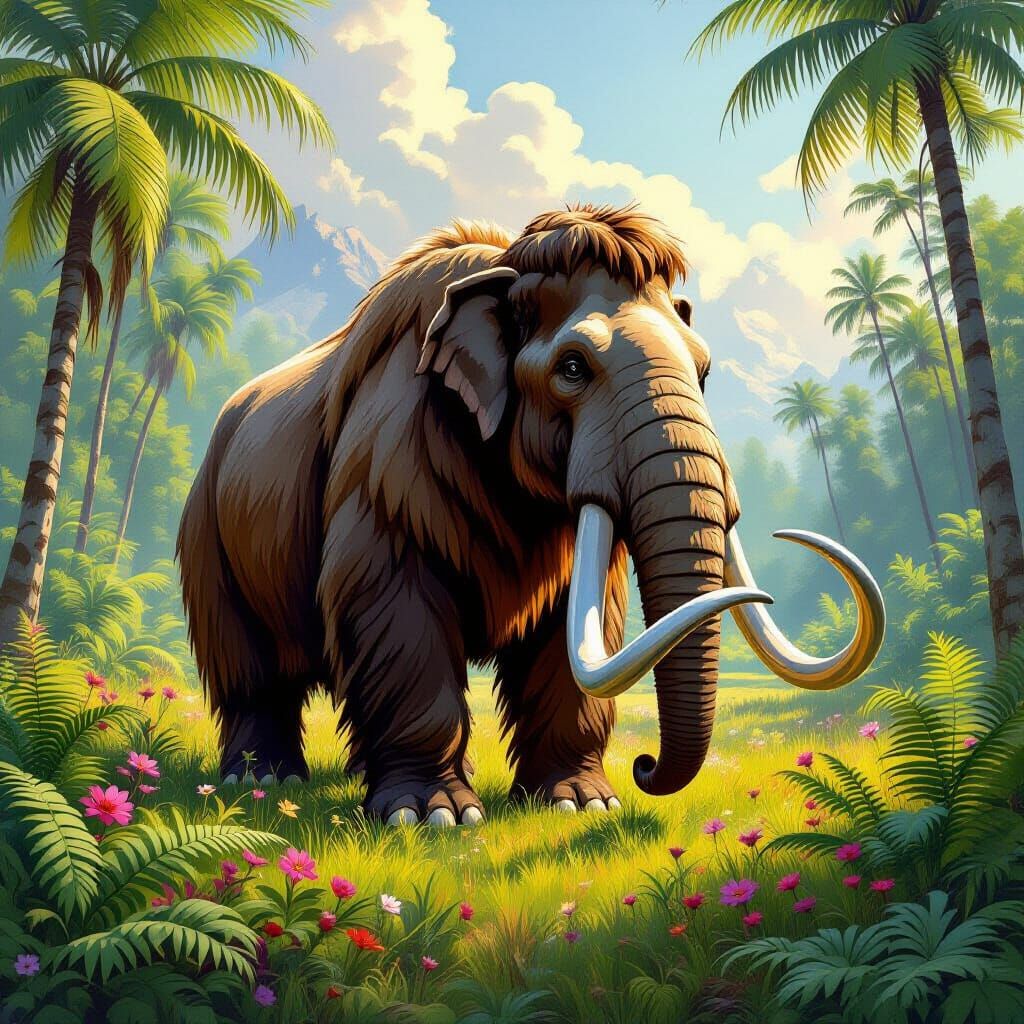 Majestic Woolly Mammoth in Prehistoric Meadow