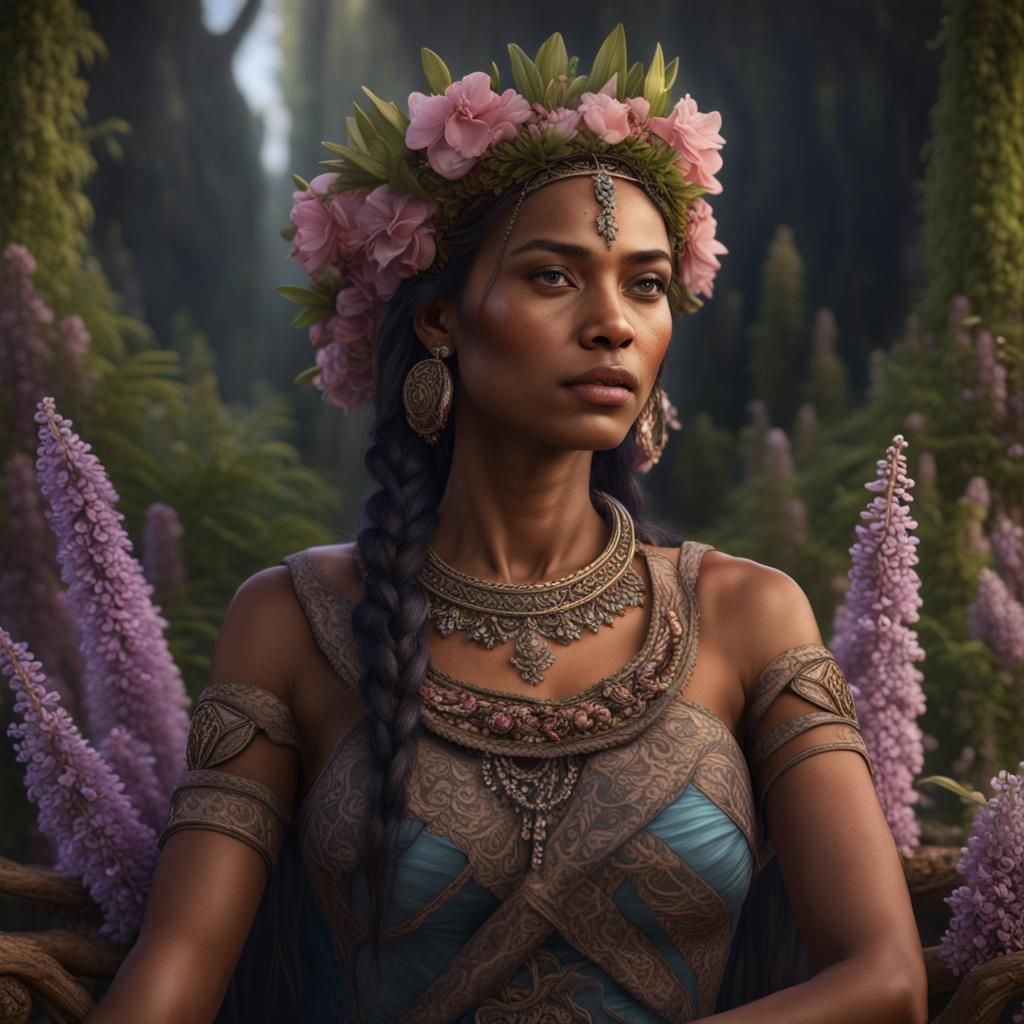 Amerindian Woman on Flower Throne in Detailed Matte Painting