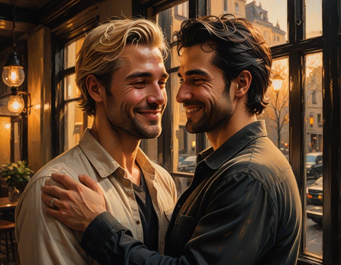 Romantic Realism: Men's Loving Embrace in Golden Light