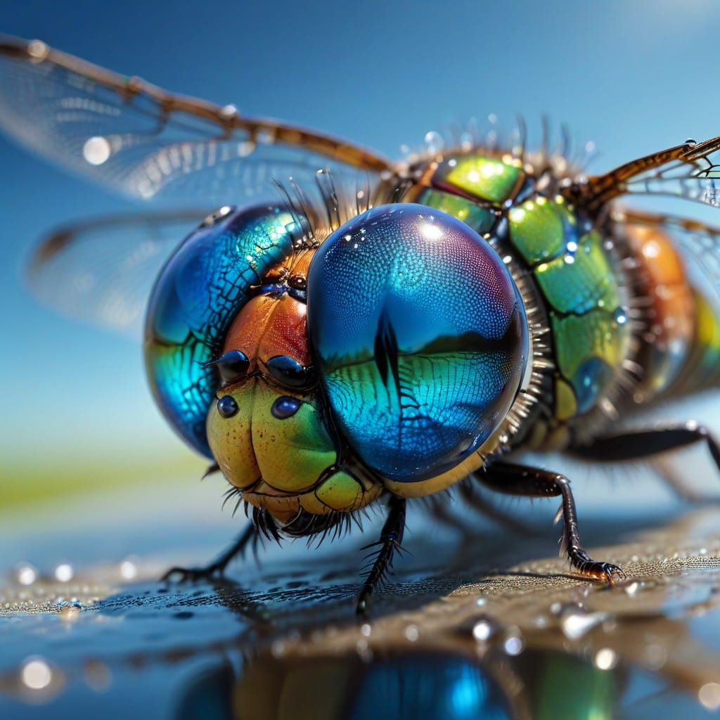 Dragonfly Eye Reflecting Sky: Macro Photography