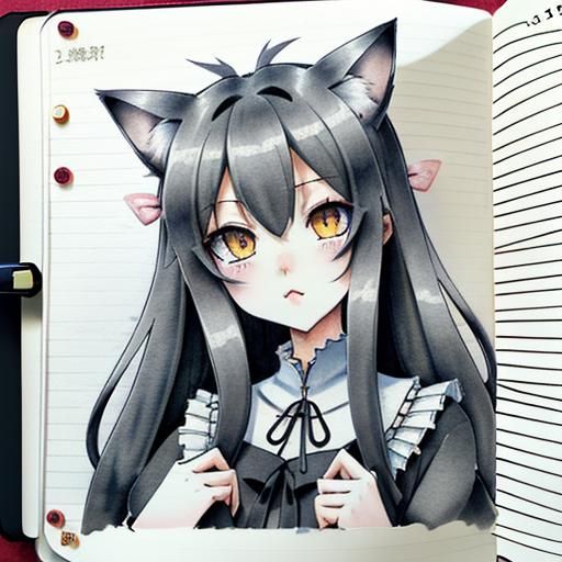 Cute Gothic Cat-Girl in Anime Pencil Sketch