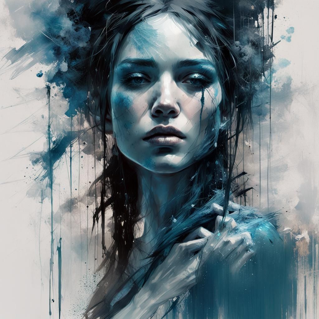 Blue Porcelain Girl in Moonshine: Digital Art