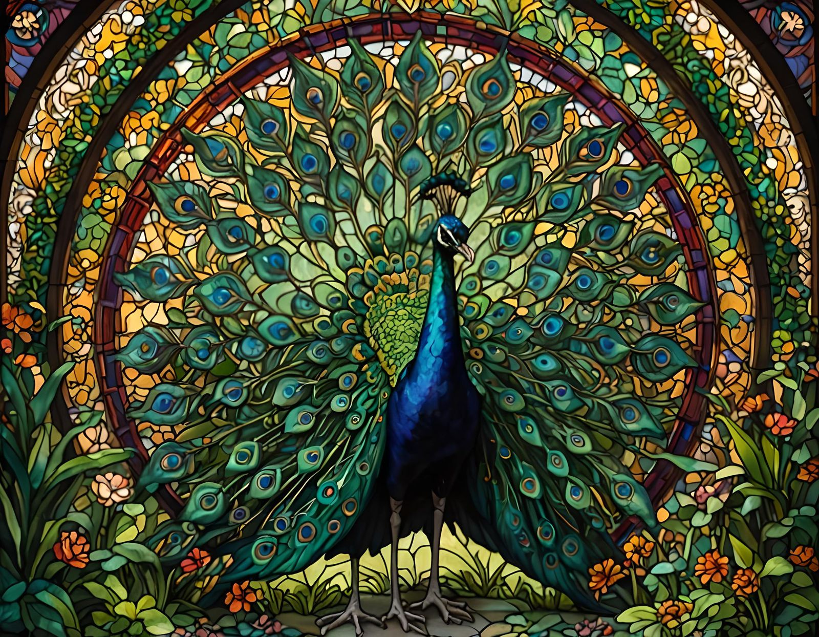 Peacock Cartwheel in Stained Glass Garden