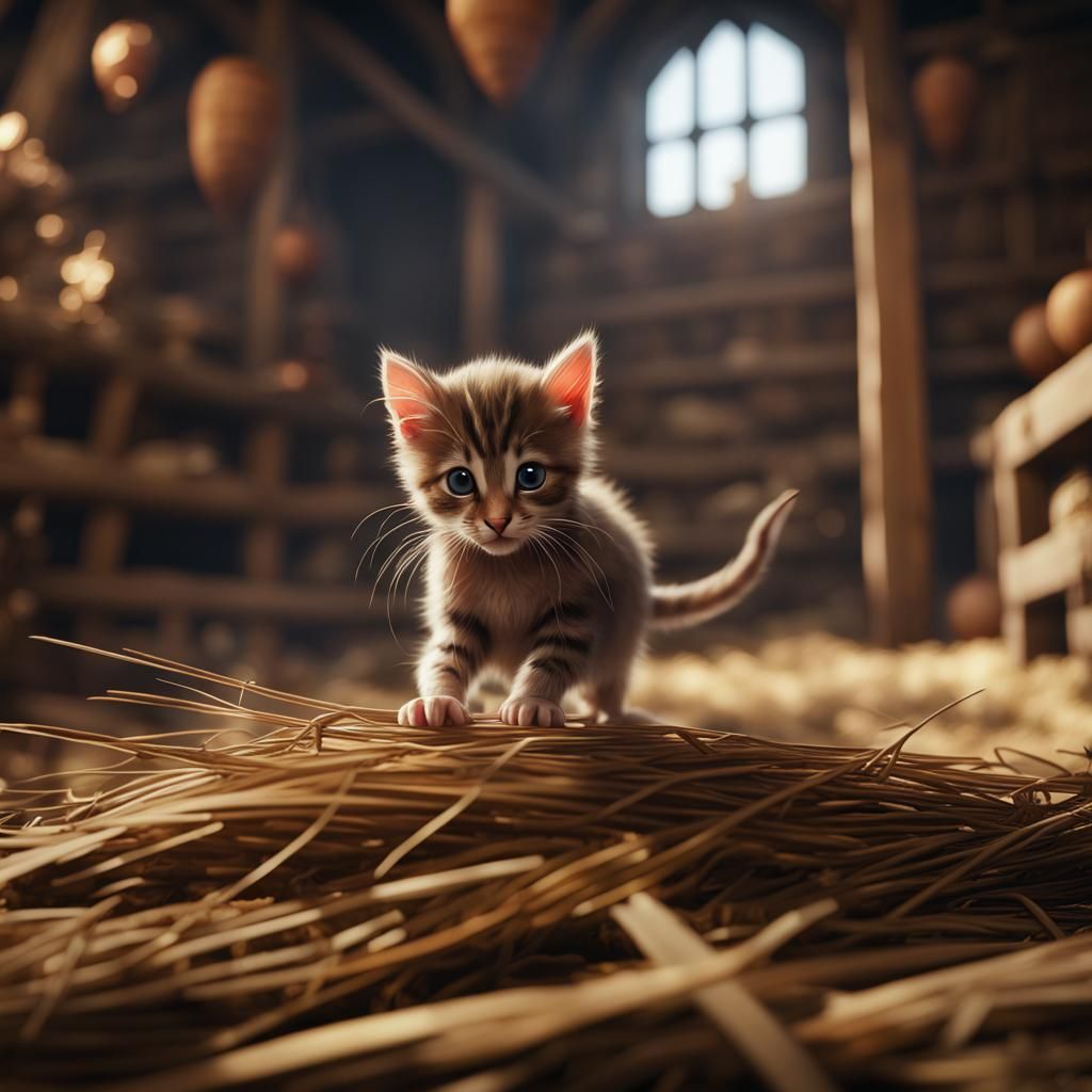 Kitten Swatting Mouse in Medieval Hay Loft
