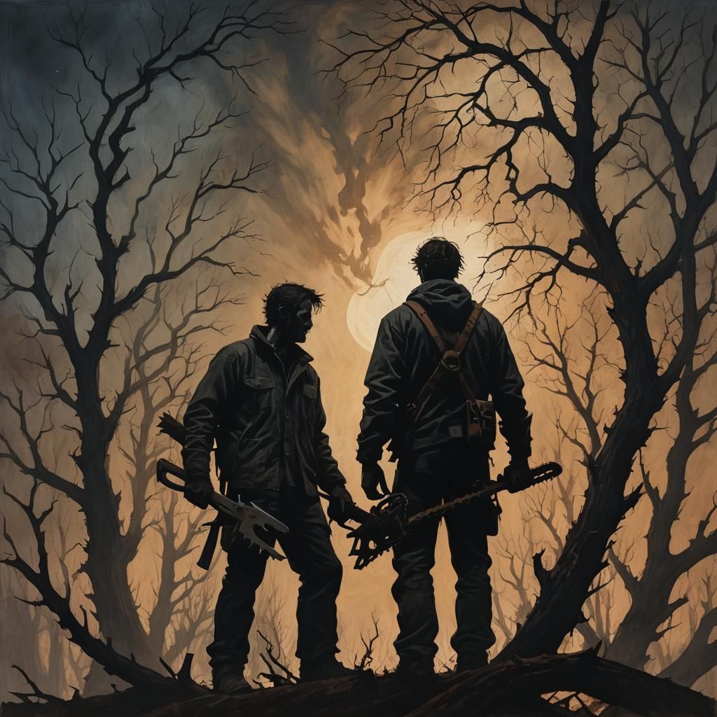Dark Fantasy Hunter with Chainsaw in Eerie Oil Painting