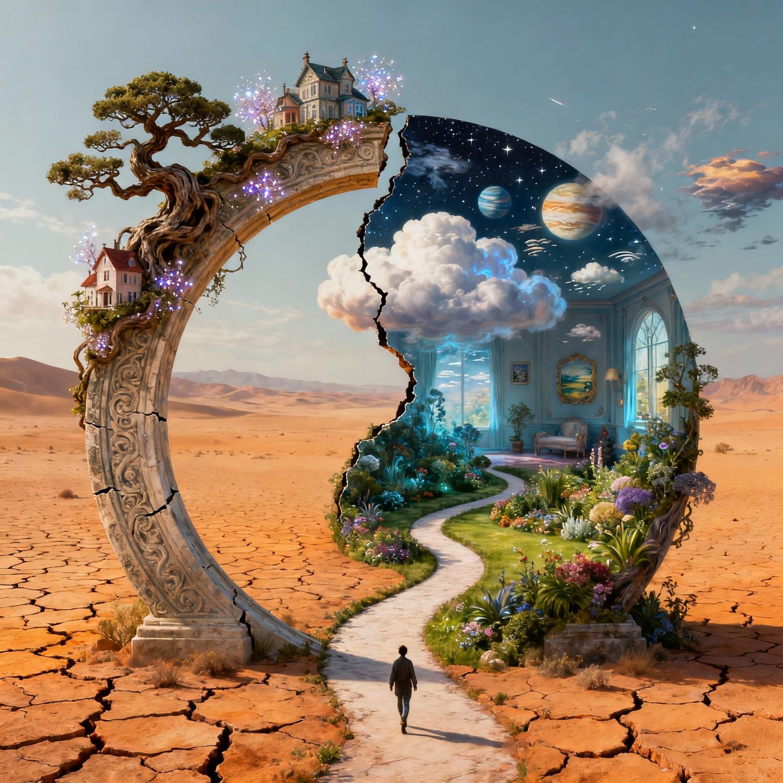 Surreal Yin-Yang Stargate with Bonsai and Victorian Cottages