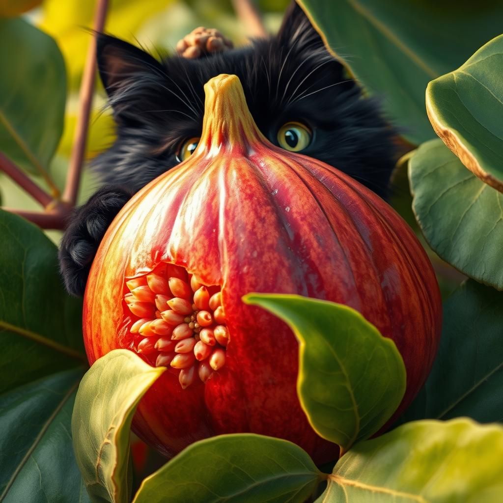 Hyperrealistic Black Cat Hiding Behind Giant Fig