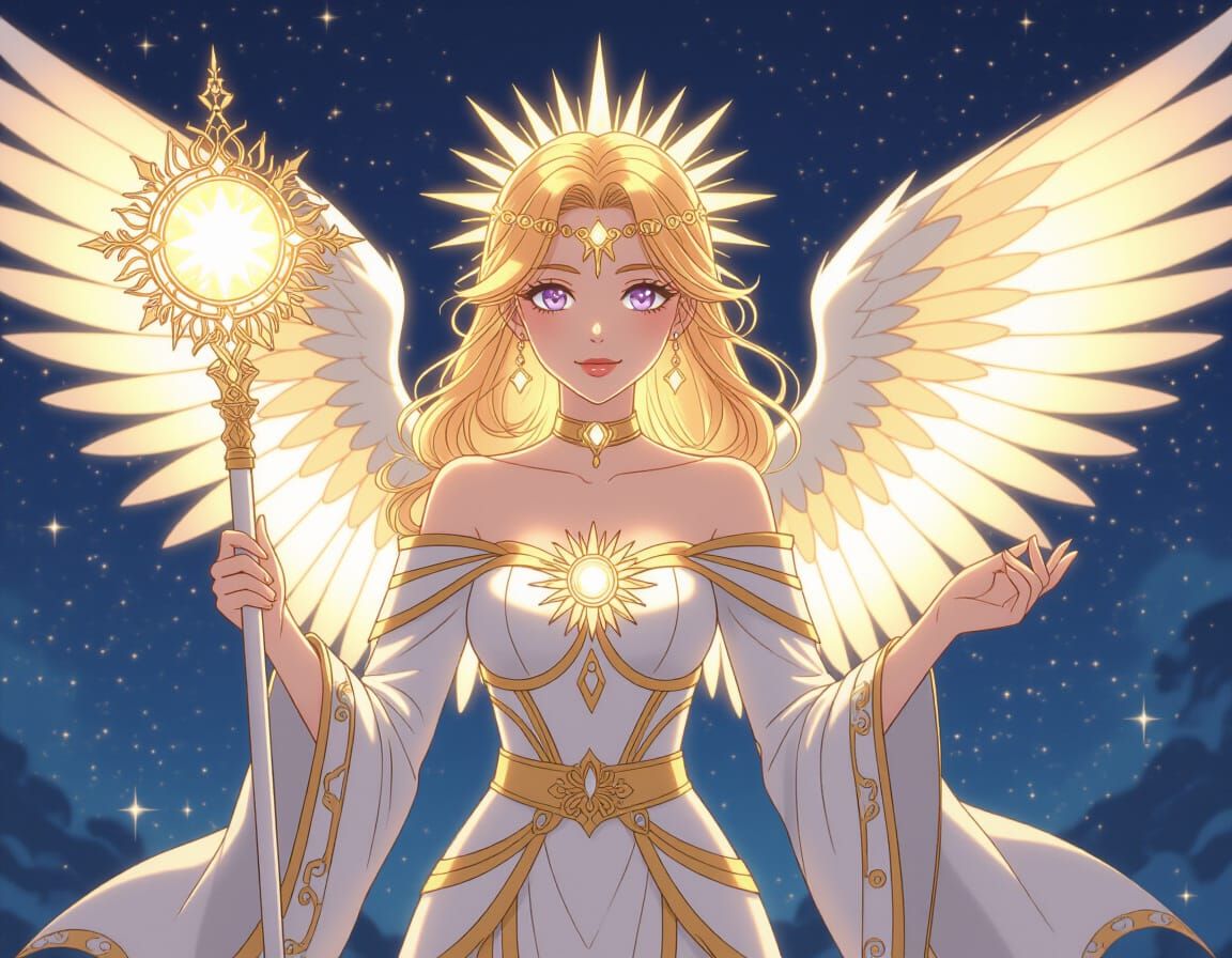 Radiant Angelic Woman with Sun-Disc Staff