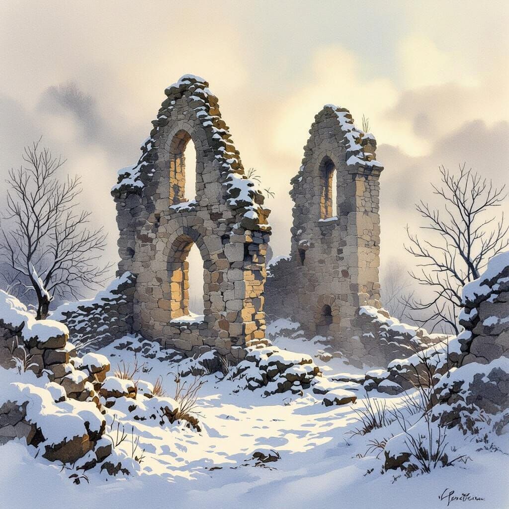 Medieval Winter Ruin in Delicate Watercolour Style