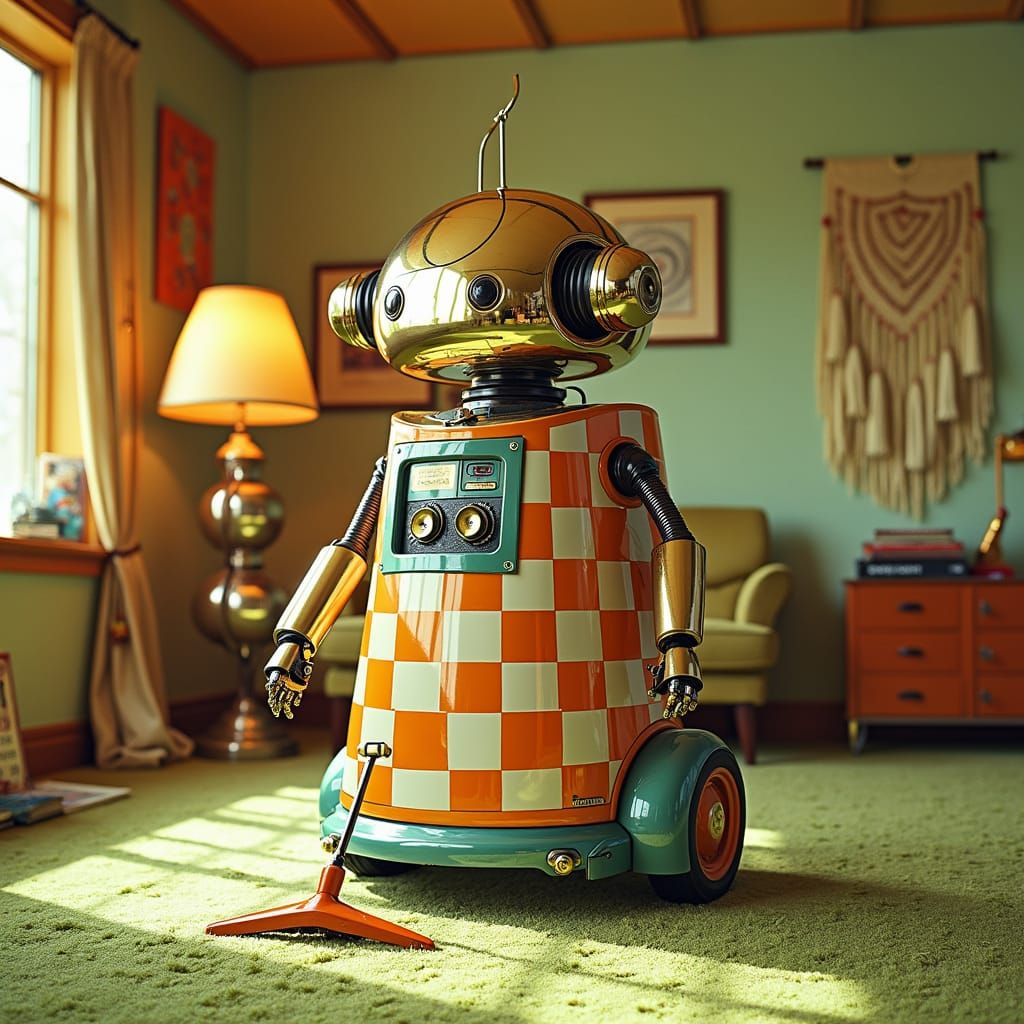 Retro-Futuristic Cleaning Robot in Gingham Pattern
