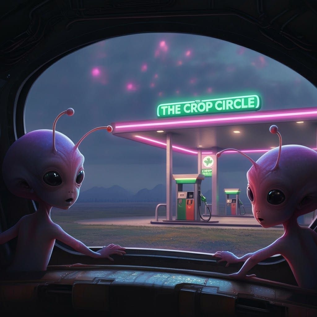 Alien Children Watch UFO Fueling in Futuristic Style