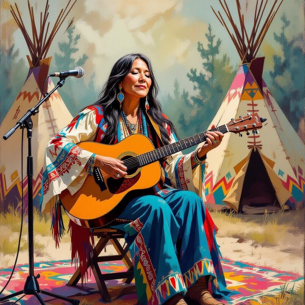 Buffy Sainte-Marie Performing in Vibrant Tepee Setting