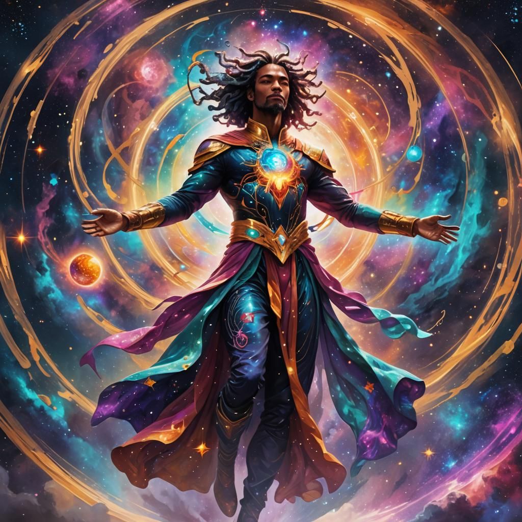 Cosmic Being in Swirling Galaxy: Anime Style