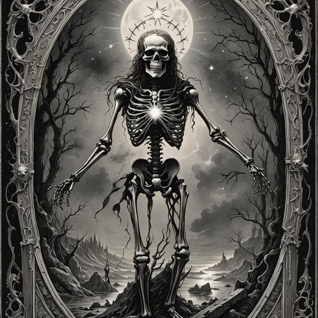 Skeleton Tarot Card: The Star in Horror Style