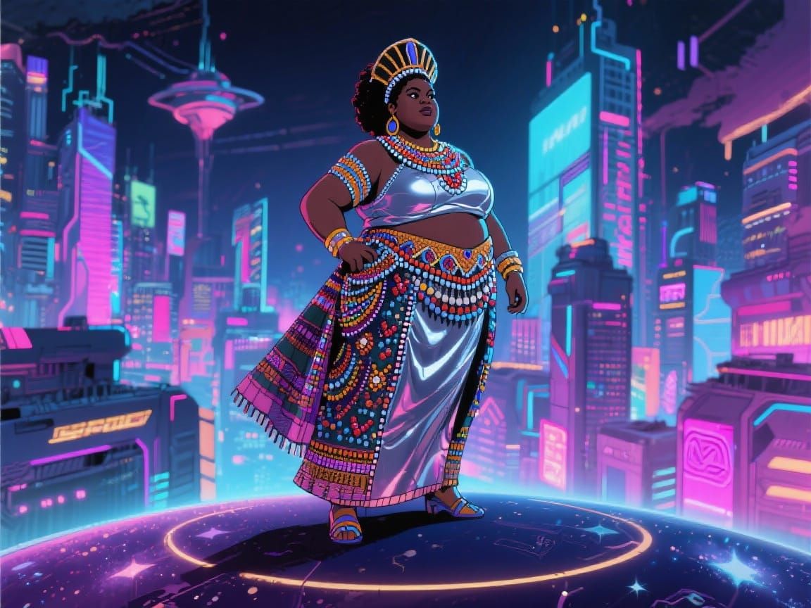 Yoruba Princess Over Neon Cityscape: Afrofuturism