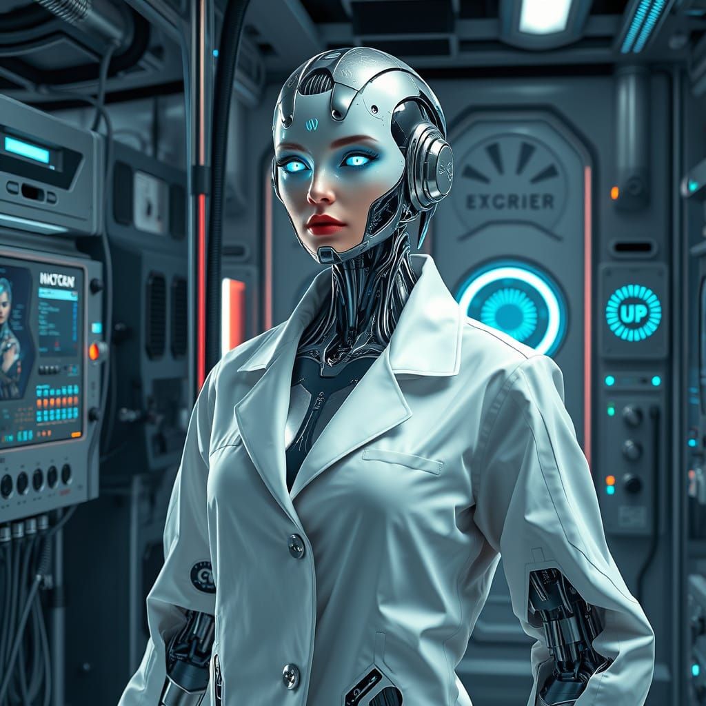 Futuristic Robotic Woman in Neon-Lit Cloning Lab