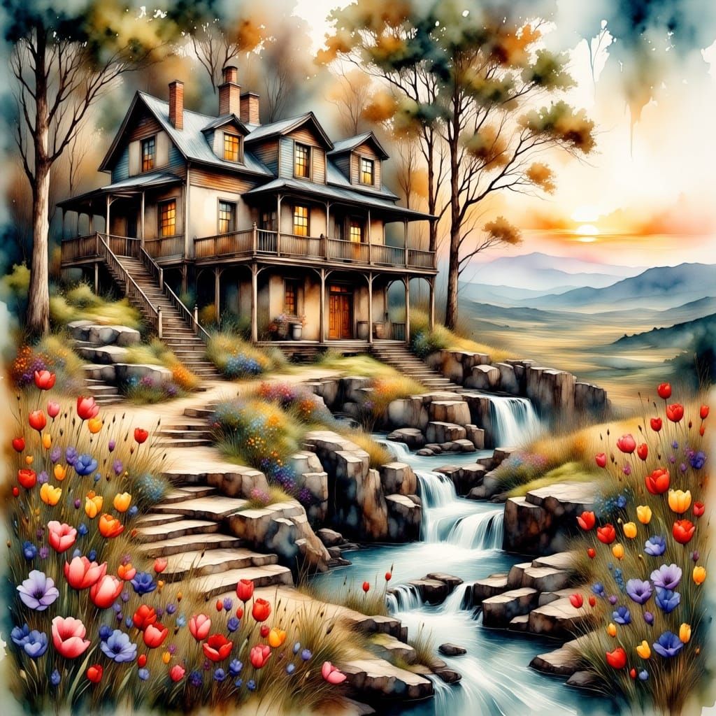 Surreal, Gritty Watercolor Stone House Amidst a Rolling Land...